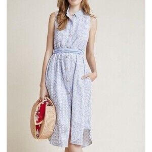 Anthropologie Kismet White & Blue Striped Eyelet Midi Shirt Dress Size 8 Women’s